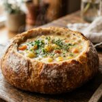 A warm, steaming soup in a Costco sourdough bread bowl, garnished with herbs on a rustic wooden table.