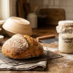 A warm, rustic kitchen scene with a freshly baked sourdough loaf cooling on a wire rack next to a bowl of active sourdough starter.