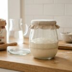 A fresh sourdough starter in a glass jar with flour and water.