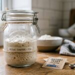 A bubbling sourdough starter in a glass jar next to a packet of yeast and a measuring spoon.