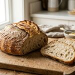 A freshly baked sourdough loaf with a golden-brown crust sits on a wooden cutting board, with a few slices cut and stacked.