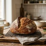 A warm, rustic kitchen scene with a freshly baked sourdough loaf cooling on a wire rack next to a bowl of active sourdough starter.