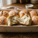 A close-up of several golden-brown sourdough dinner rolls in a baking dish, some torn open to show a soft, fluffy interior.