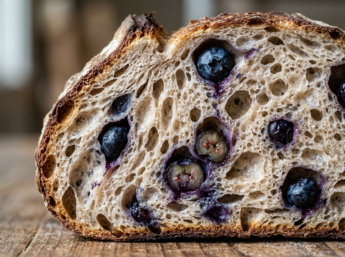 A close-up of the crumb of a blueberry sourdough slice, showing air pockets and blueberries.