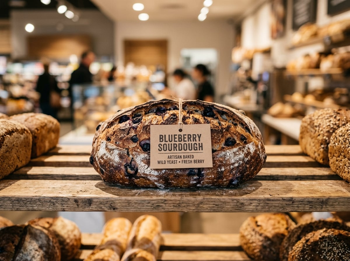 A full loaf of blueberry sourdough bread in a bakery display case at a grocery store.
