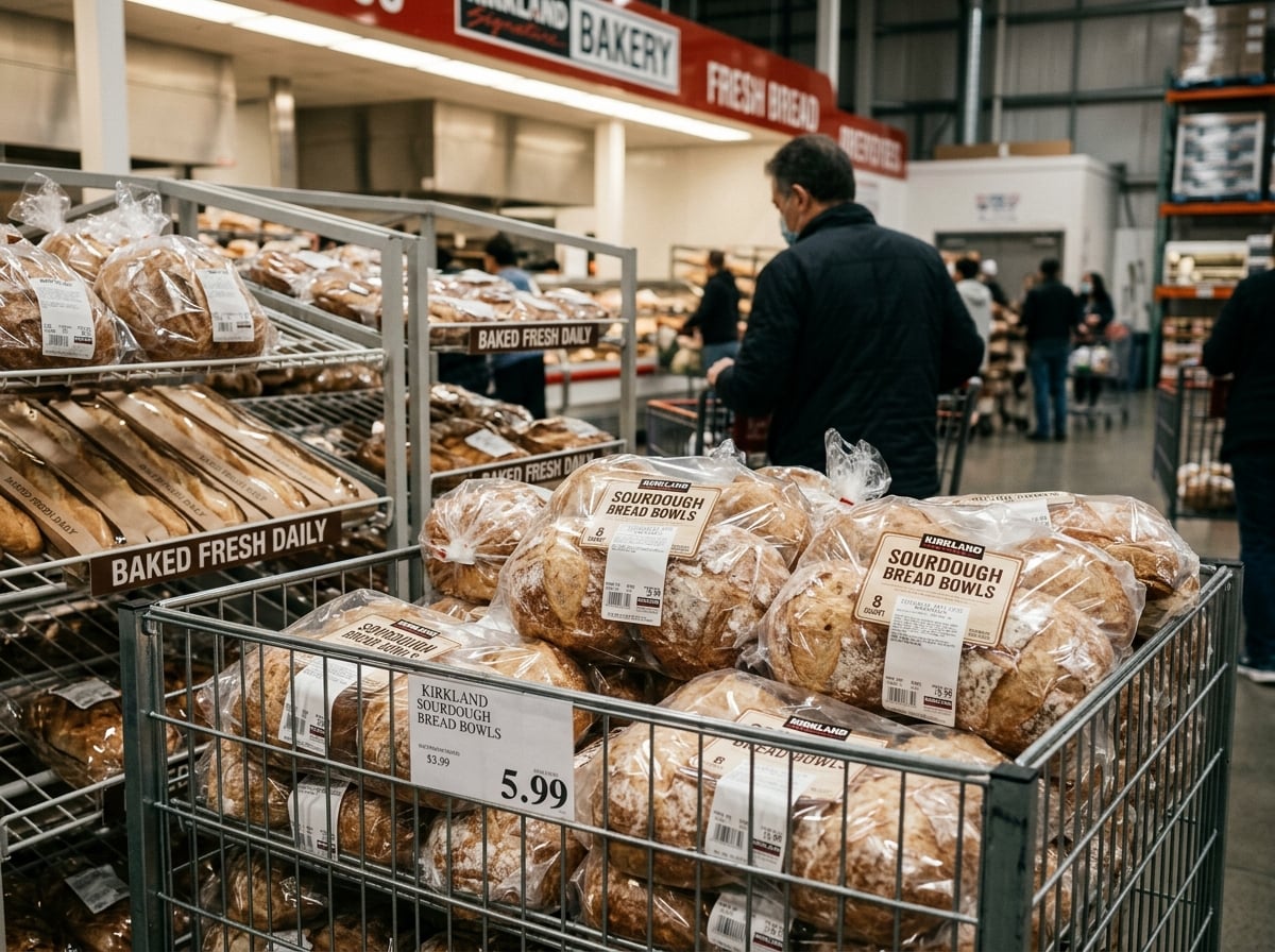 Multiple packs of sourdough bread bowls displayed on a shelf in a Costco bakery section.