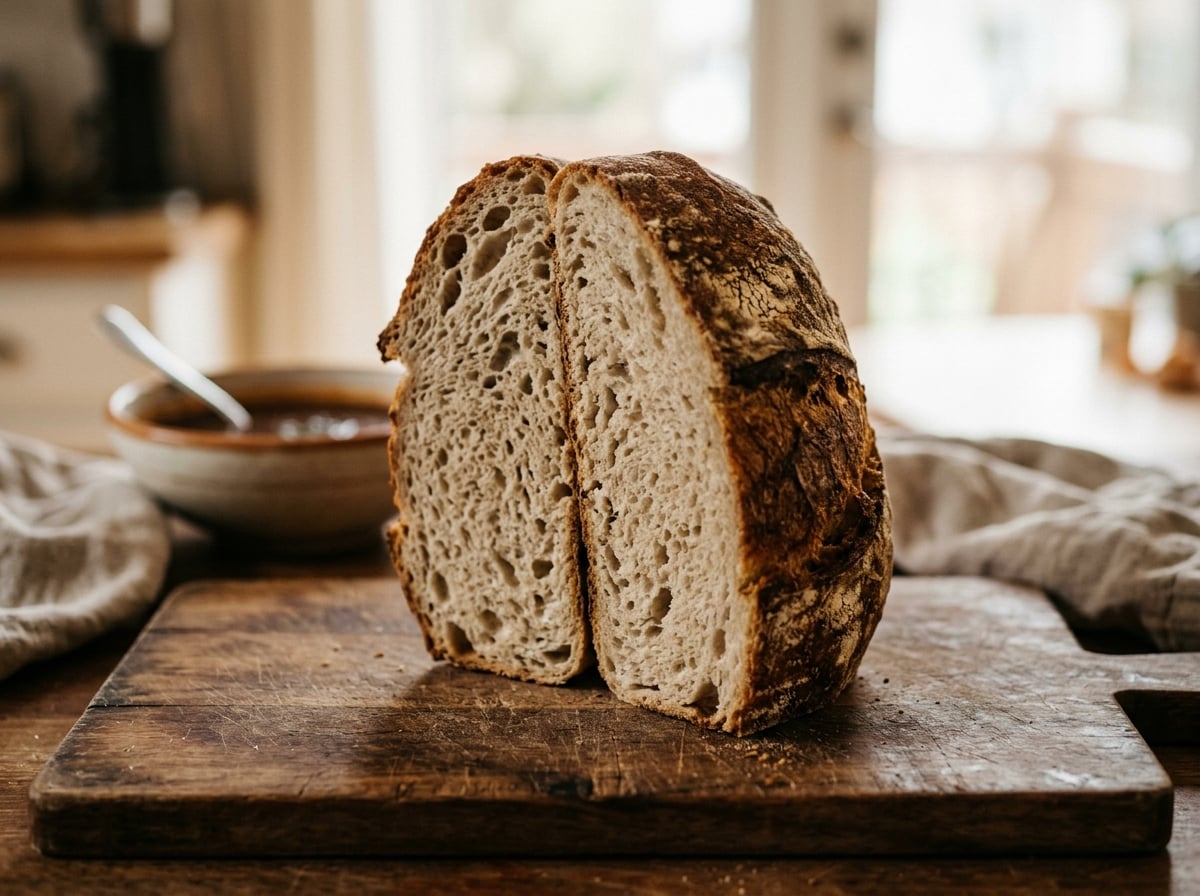 A cross-section of a sourdough bread bowl showing its dense crust and crumb structure.