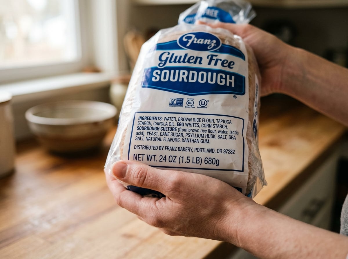 Ingredients label on a Franz Gluten Free Sourdough bread package.