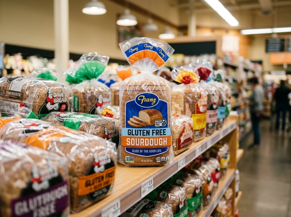 A Franz Gluten Free Sourdough bread package sitting on a grocery store shelf.