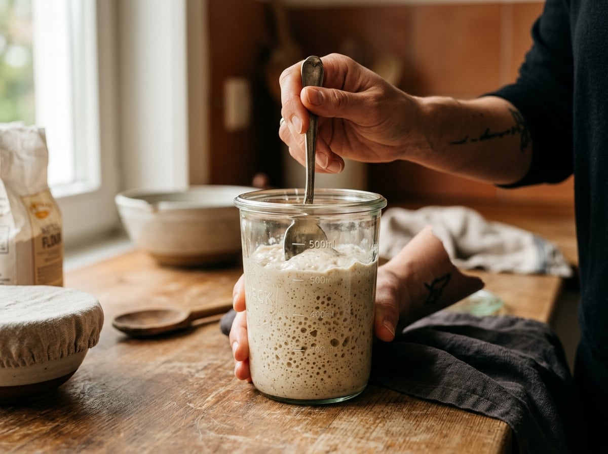 A baker's hands gently stirring a thick, bubbly sourdough starter in a glass jar with a spoon.