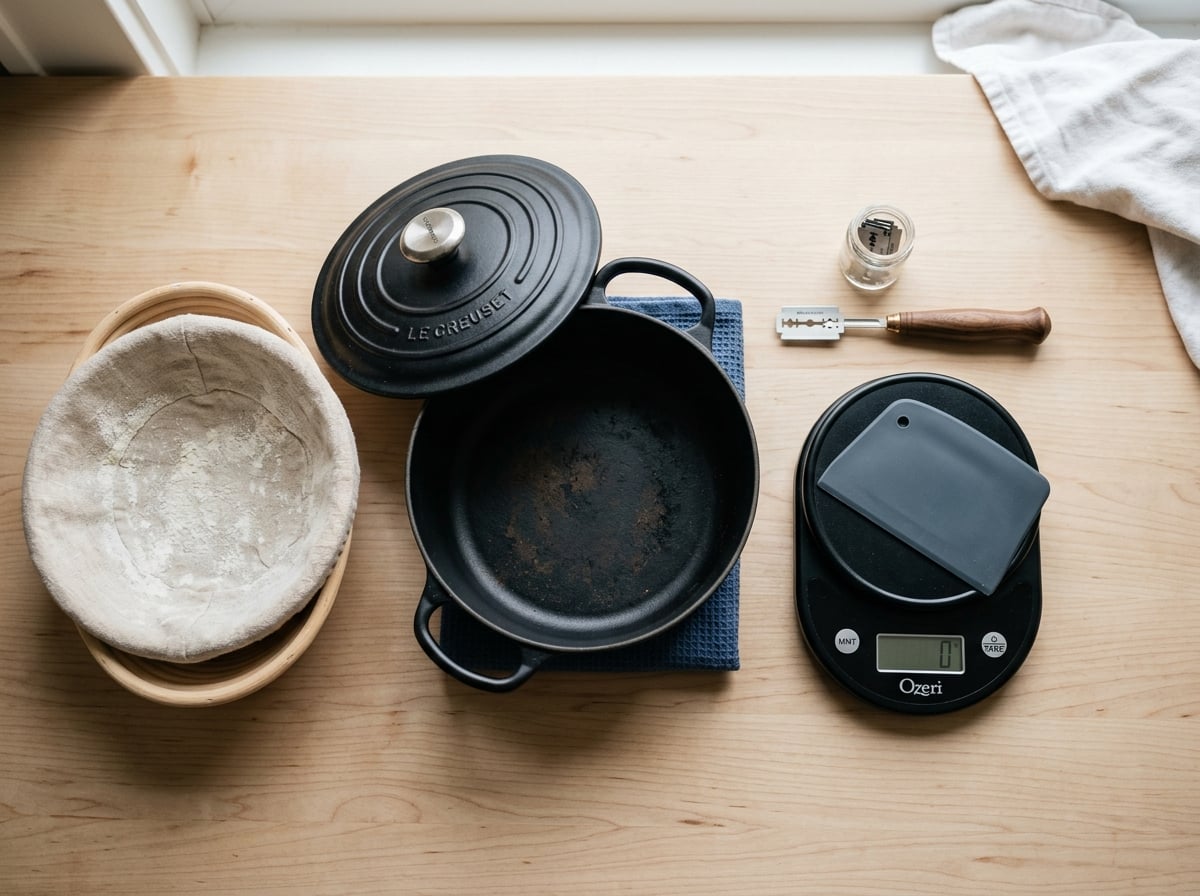 Various essential sourdough baking tools, including a Dutch oven, proofing basket, and dough scraper.