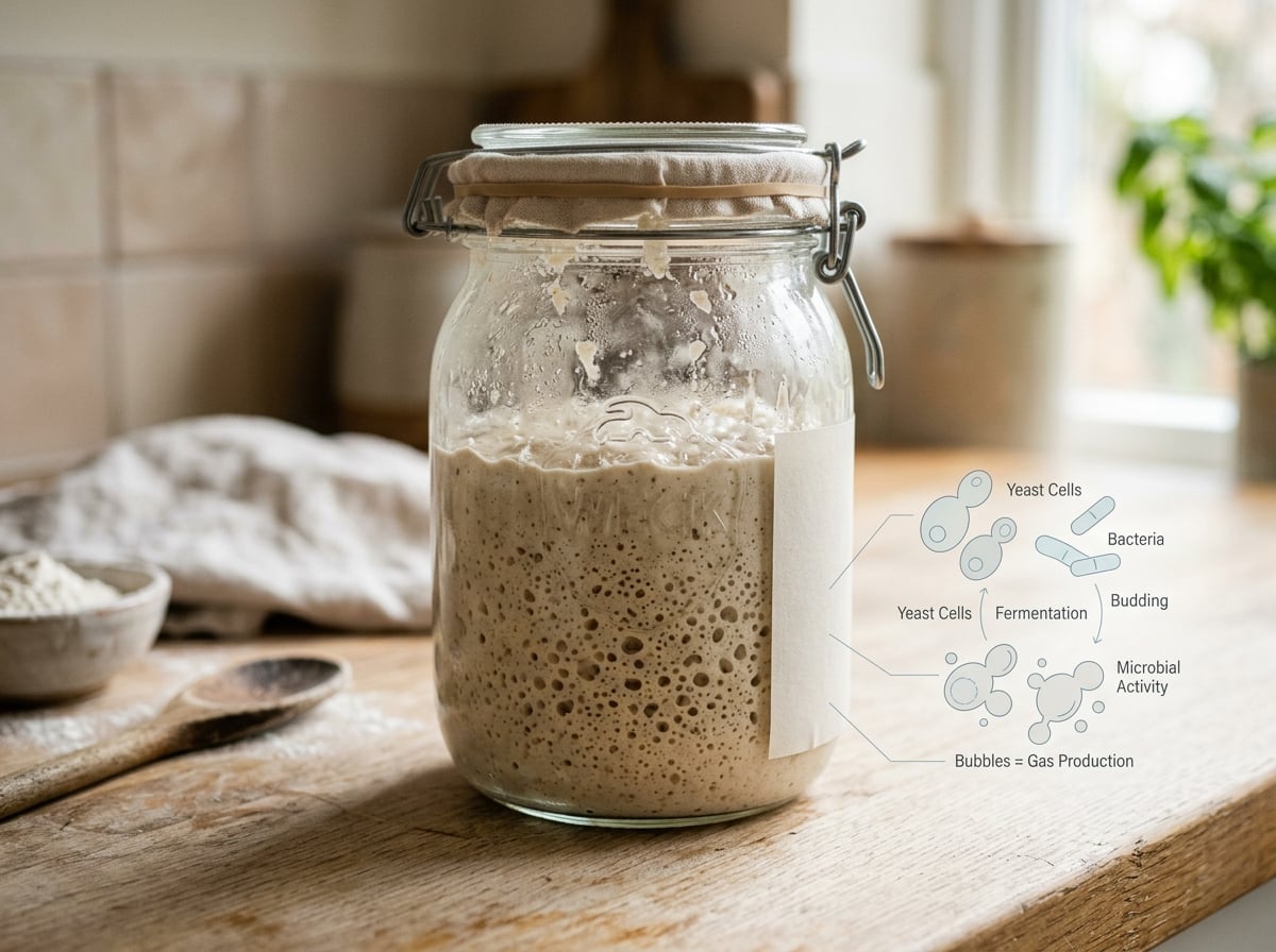A glass jar with sourdough starter next to a scientific diagram.