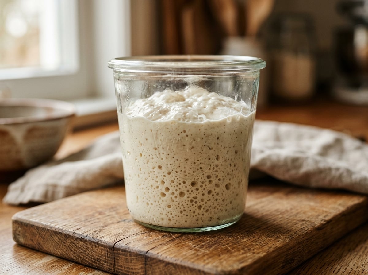 A close-up of a bubbling sourdough starter in a jar.