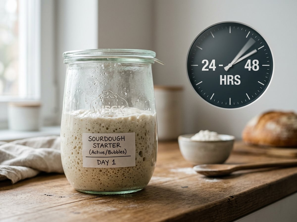 A time-lapse style visual showing a sourdough starter jar with a clock indicating accelerated fermentation over 24-48 hours.