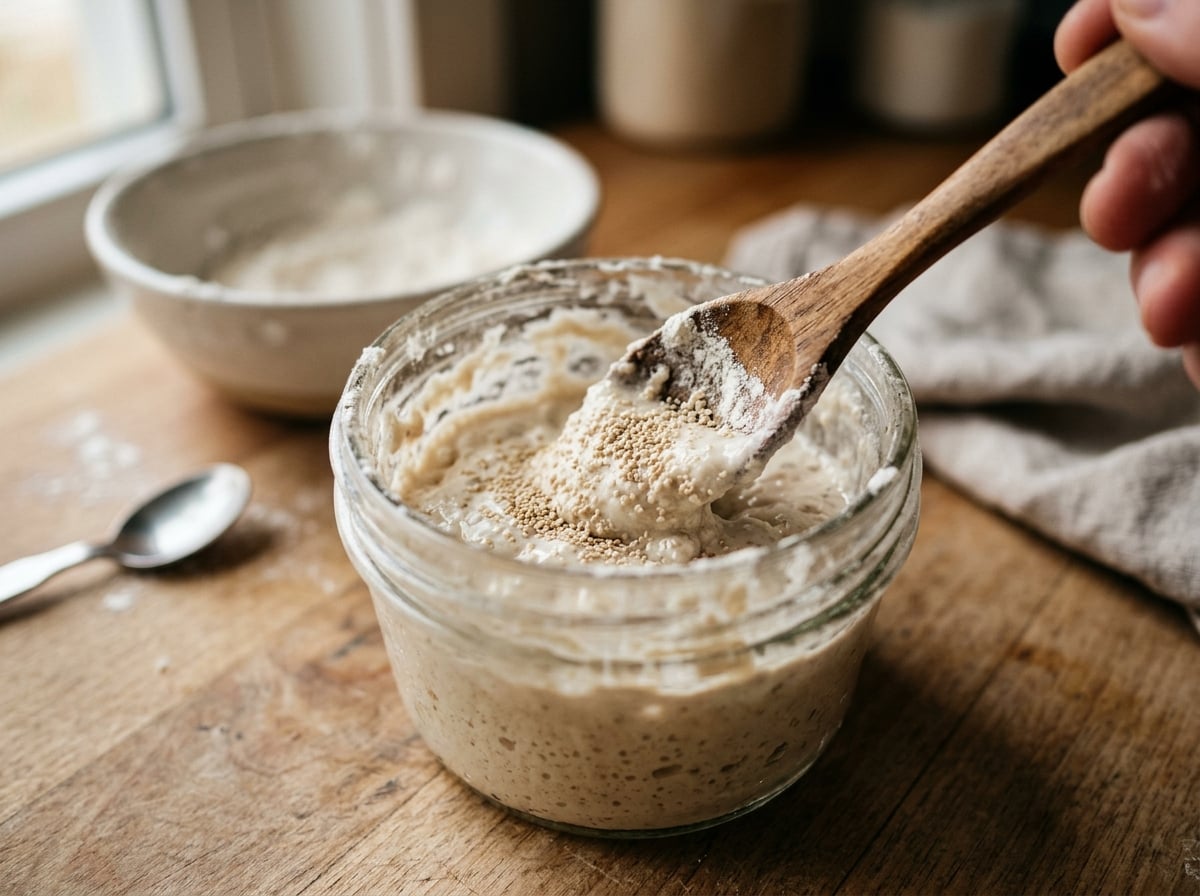 A close-up of a small glass jar with a freshly mixed sourdough starter and a tiny amount of yeast granules.