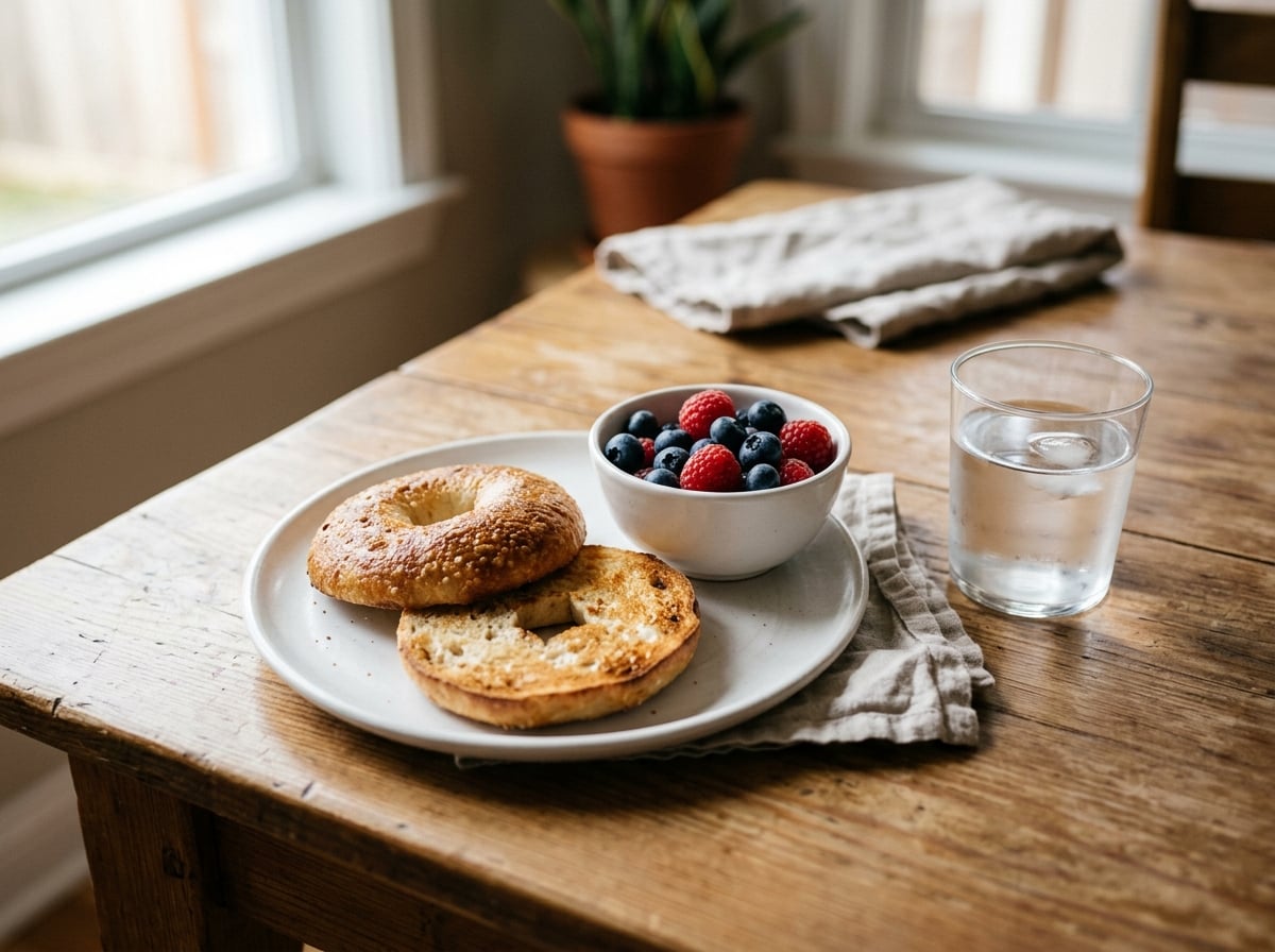 A sliced sourdough bagel and a small bowl of berries on a breakfast table, ready for a meal.