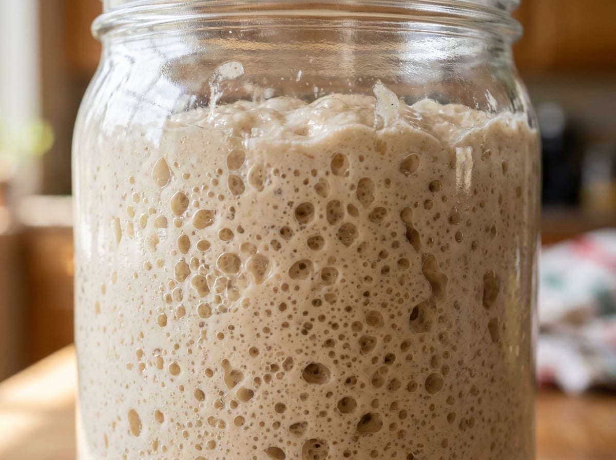 A close-up of an active sourdough starter bubbling in a glass jar, showing its foamy texture.