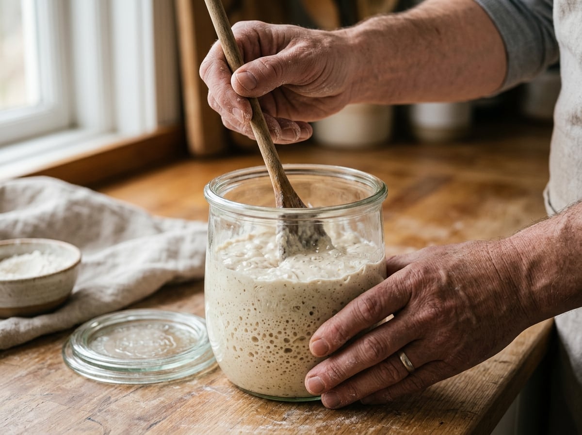 A baker's hands gently stirring a thick, bubbly sourdough starter in a glass jar with a spoon.