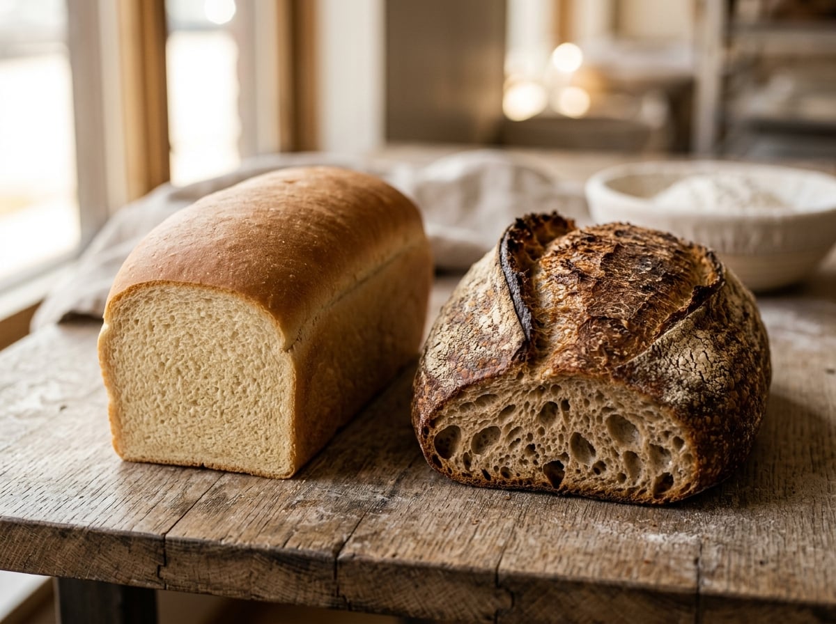 Two contrasting loaves of bread, one a light, airy yeasted bread and the other a dense, rustic sourdough.