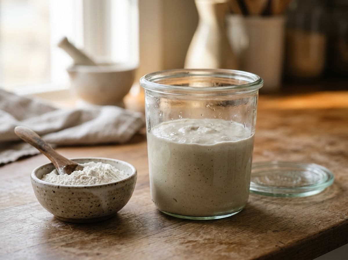A glass jar with unfed sourdough discard, thick and pasty, next to a small bowl of flour.