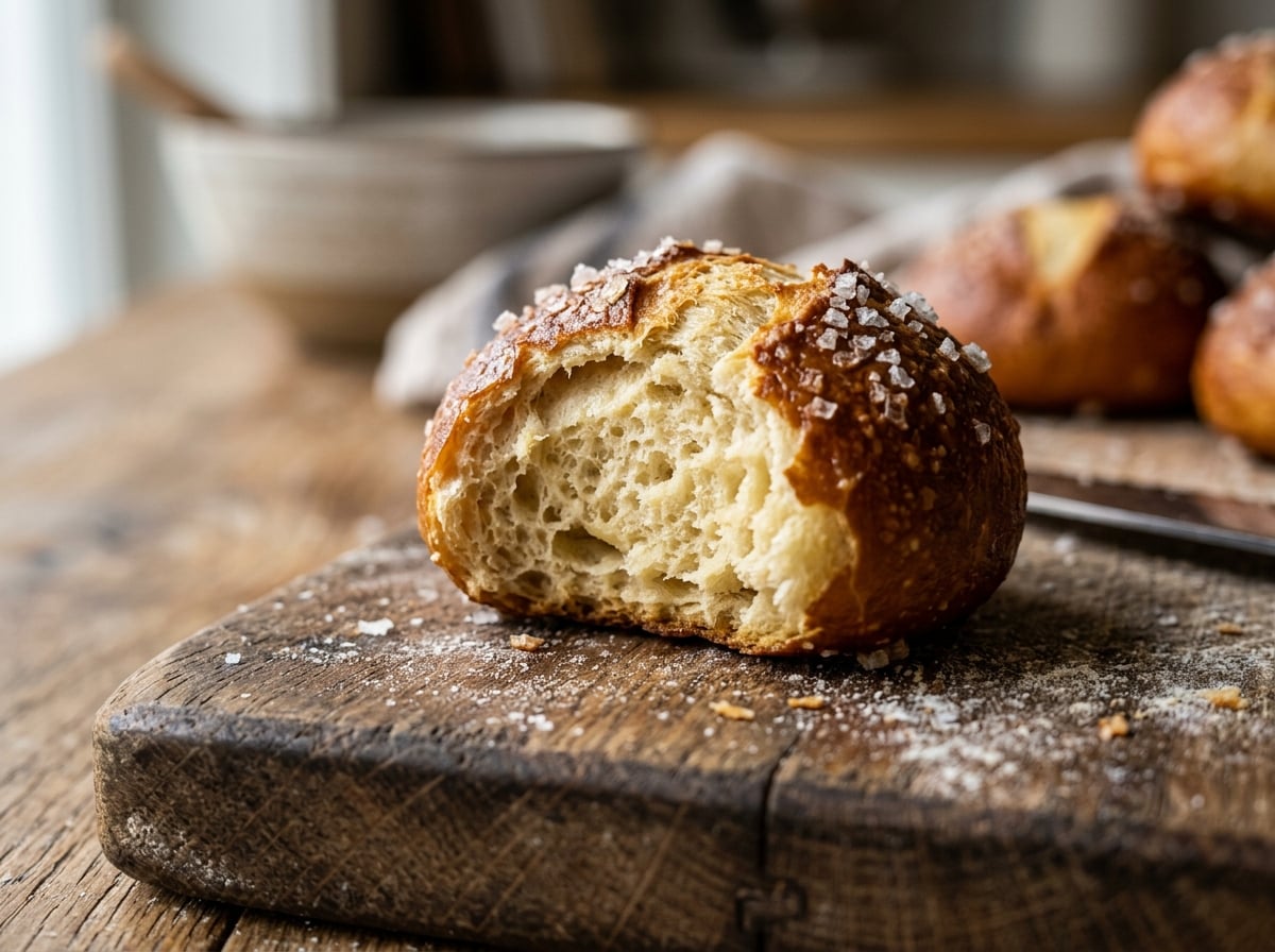 A close-up of a single sourdough pretzel bite, showing its soft interior and crackled, salted crust.