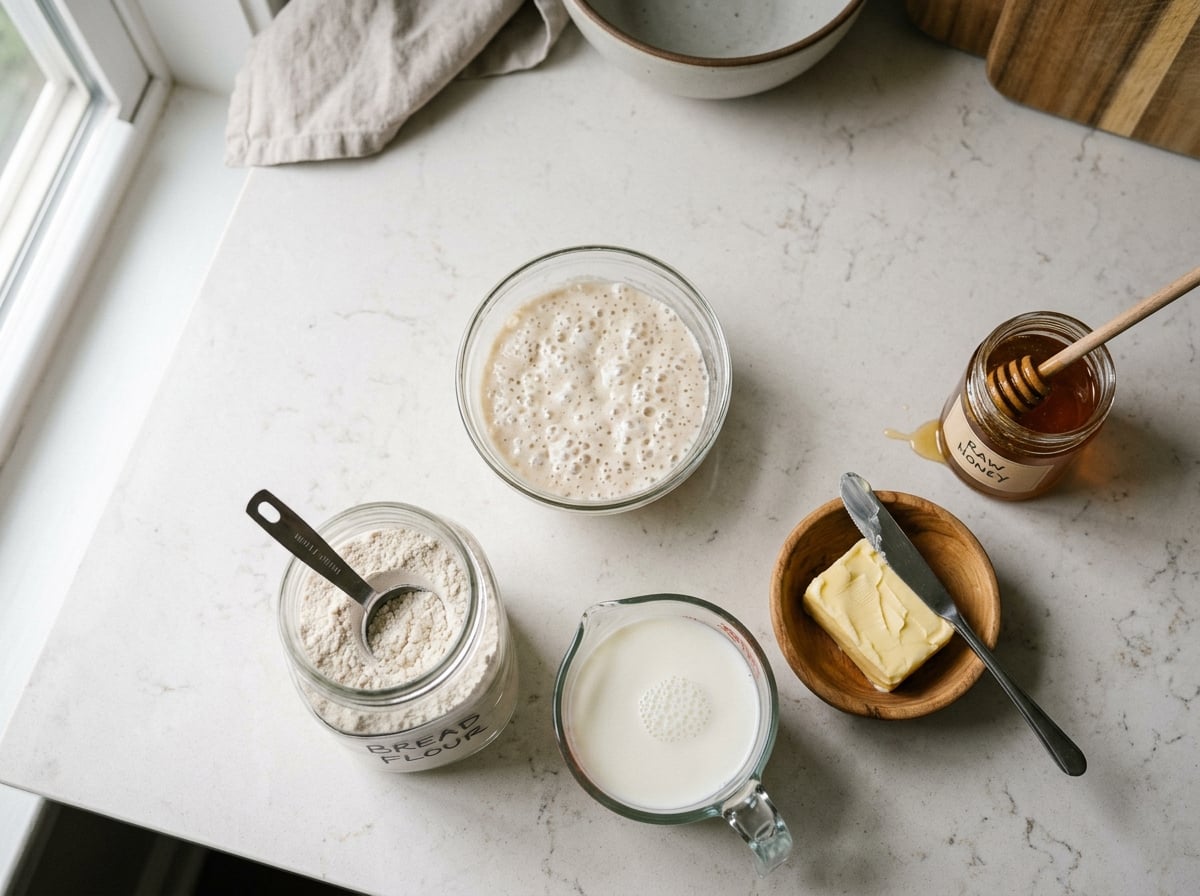 Key ingredients for sourdough rolls, including active sourdough starter, milk, butter, and honey, arranged on a kitchen counter.