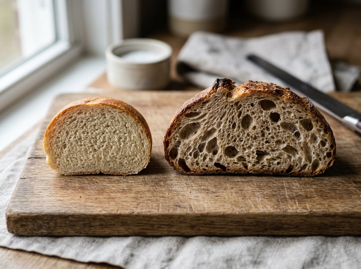 A cross-section of a sourdough roll next to a slice of sourdough bread, showing their different crumb textures.