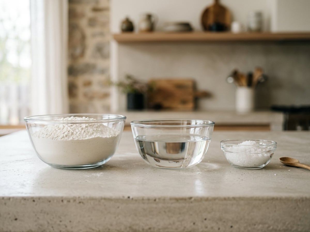Bowls of flour, water, and salt measured precisely for baking sourdough.