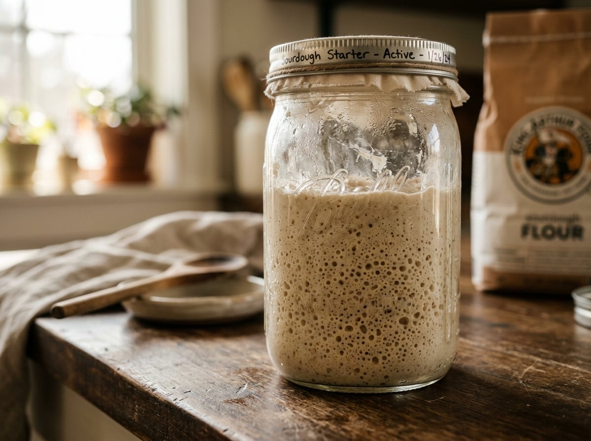 A close-up of an active sourdough starter in a glass jar, showing many small bubbles.