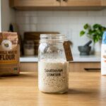 A glass jar containing an active sourdough starter next to various bags of flour.