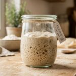 A bubbling sourdough starter in a glass jar on a kitchen counter.