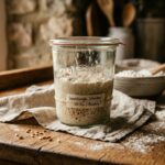 A rustic kitchen scene with a mature, bubbly sourdough starter in a glass jar.