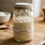A close-up of a glass jar containing an active sourdough starter with visible bubbles, seen from slightly above.
