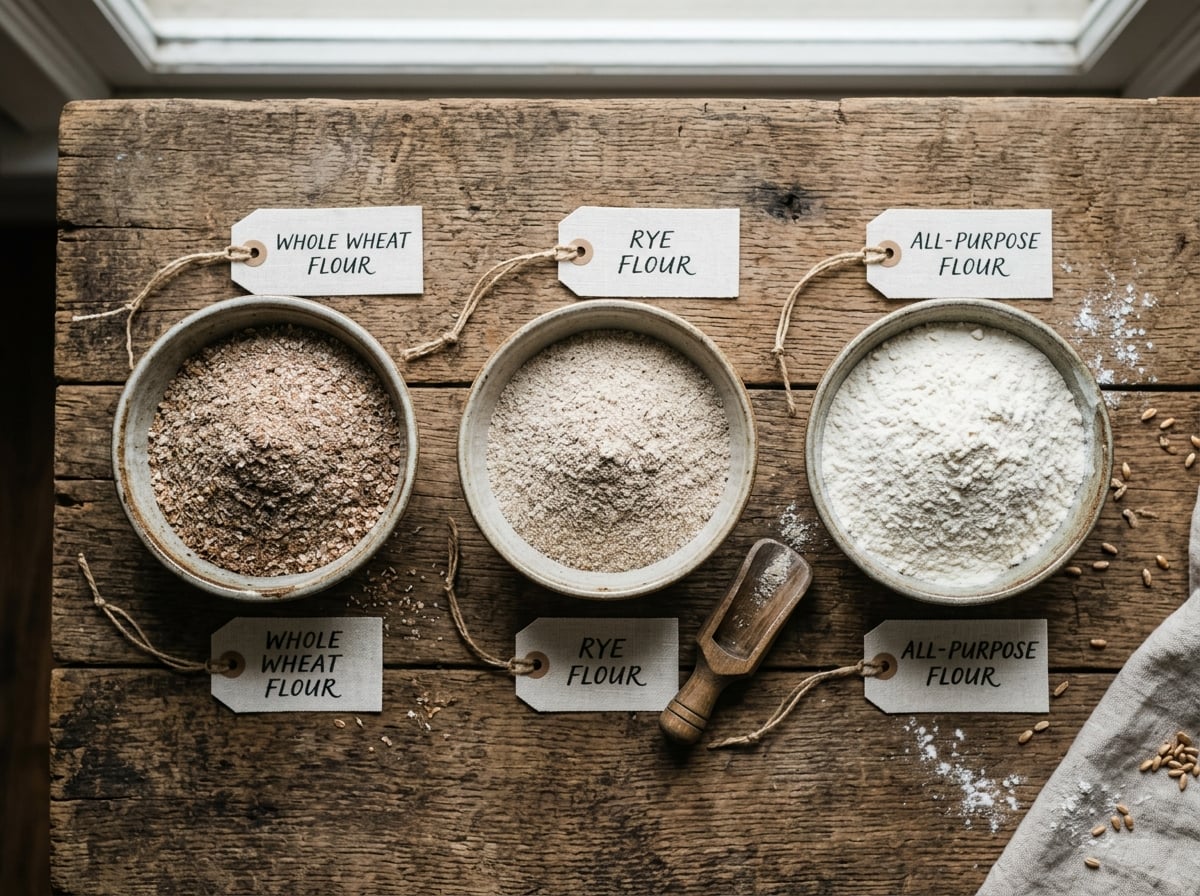 Three small bowls of different types of flour: whole wheat, rye, and white.