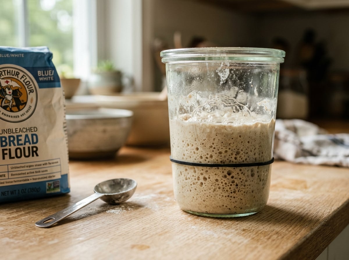 A glass jar with an active sourdough starter, a bag of flour, and a measuring spoon.