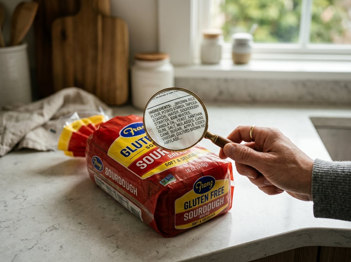 A Franz gluten-free sourdough bread bag with a magnifying glass.