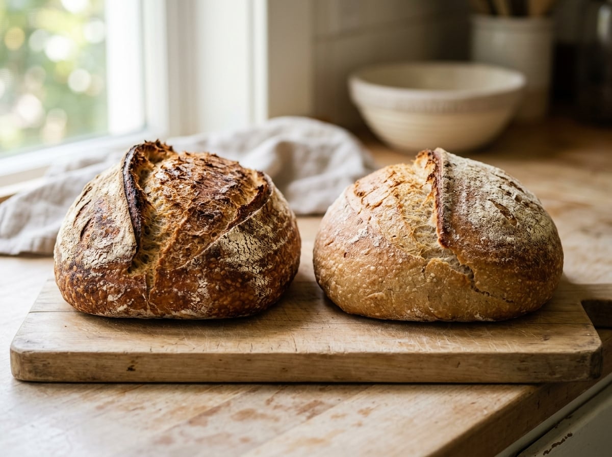 A comparison of a traditional wheat sourdough loaf and a gluten-free sourdough loaf.
