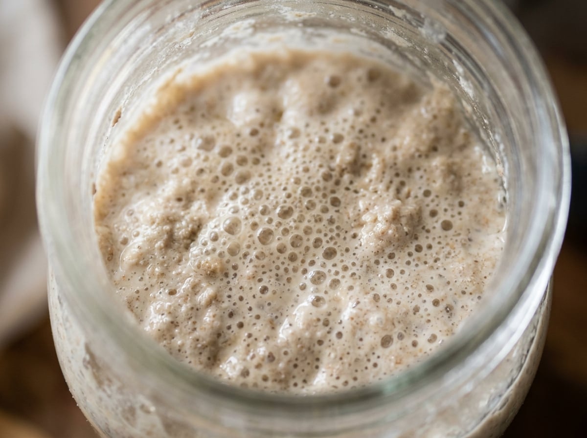 Close-up of a glass jar showing the texture and early bubbles of a sourdough starter.