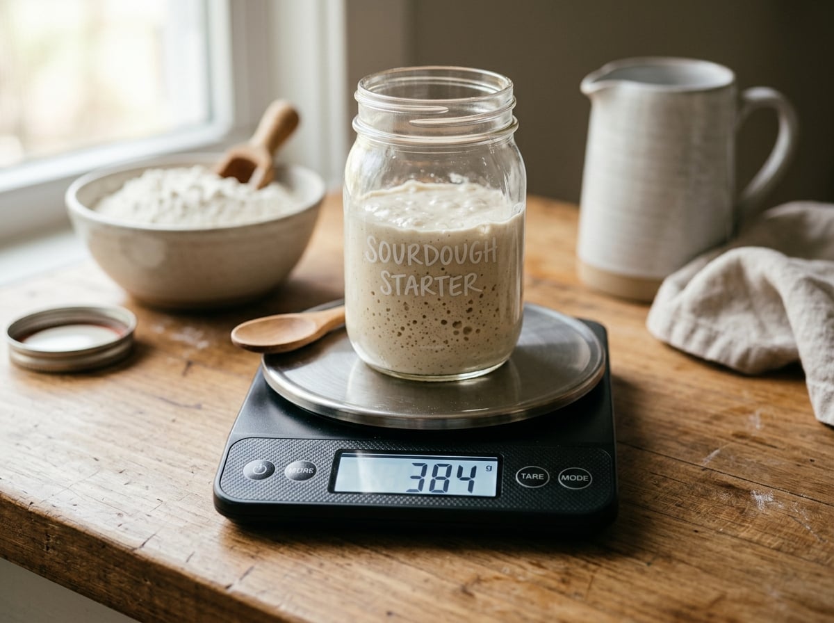 A kitchen scale accurately weighing flour into a jar for sourdough starter.