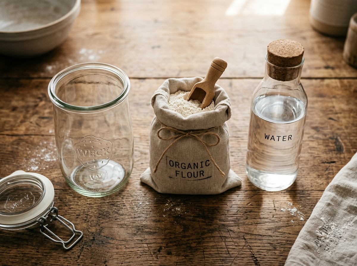 A simple arrangement of a glass jar, a bag of flour, and a bottle of water on a kitchen counter.