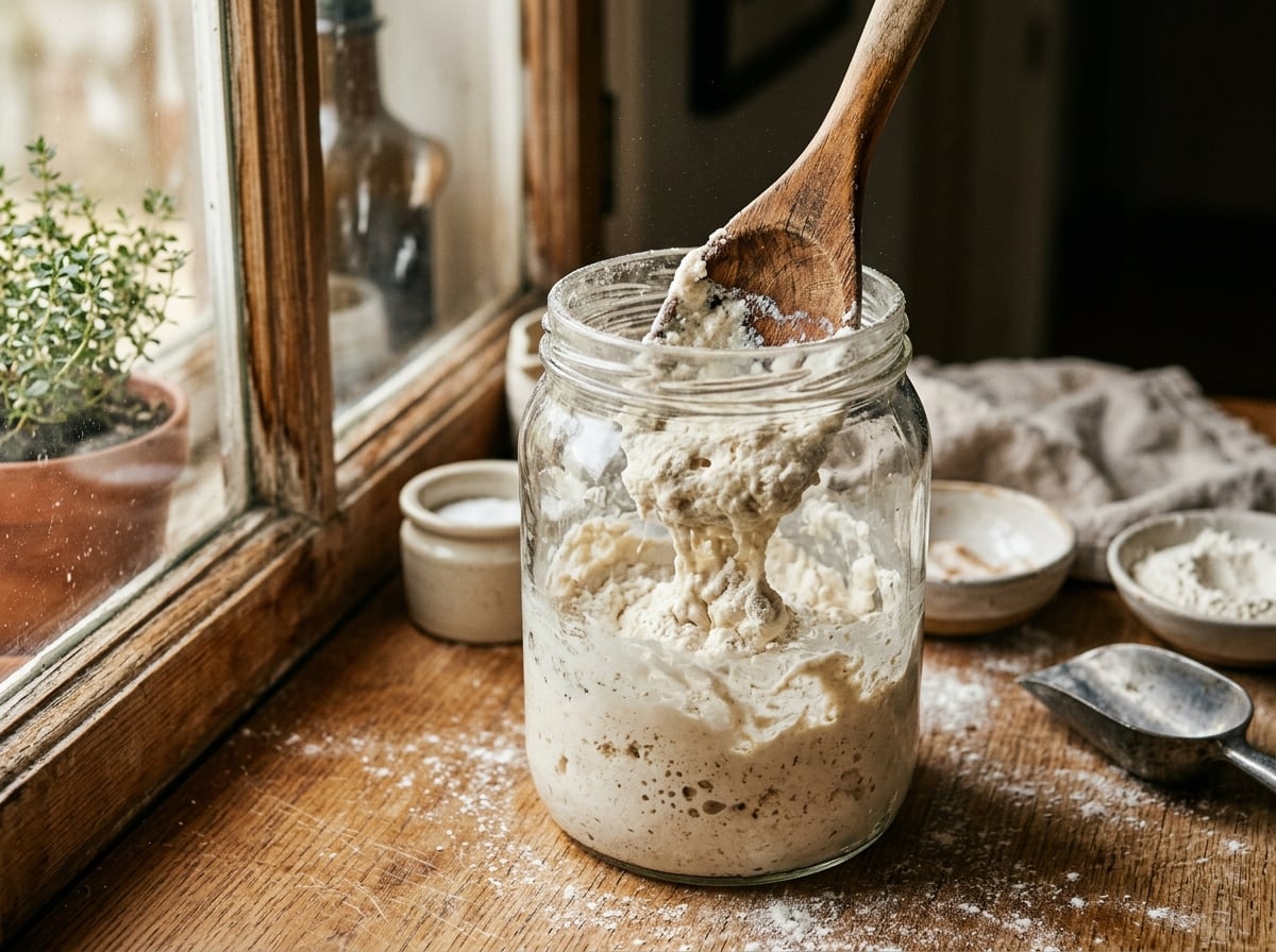 A close-up of flour and water being mixed in a glass jar, illuminated by natural light.