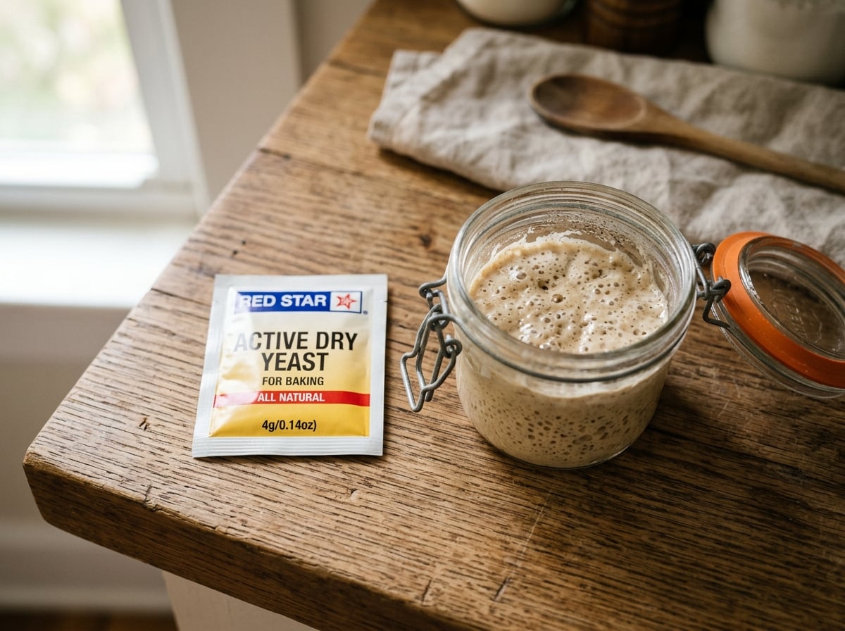 A side-by-side comparison of a small packet of commercial dry yeast and a small jar of active sourdough starter.