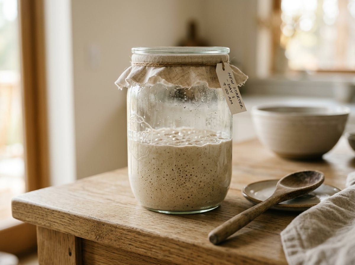 A clear glass jar containing a mixture of flour and water that has just begun to show small bubbles.